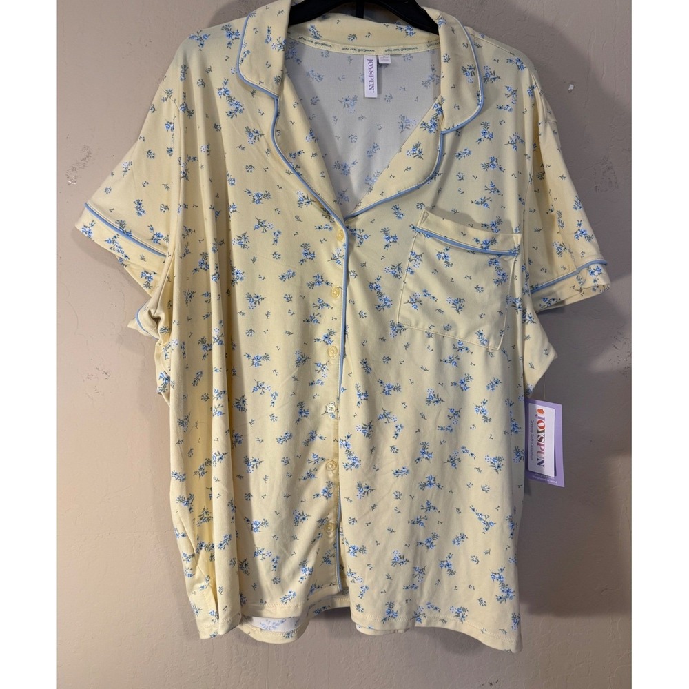 JoySpun Pajama Set Women 3X Yellow Floral 2pc Button Front Top & Shorts NEW
